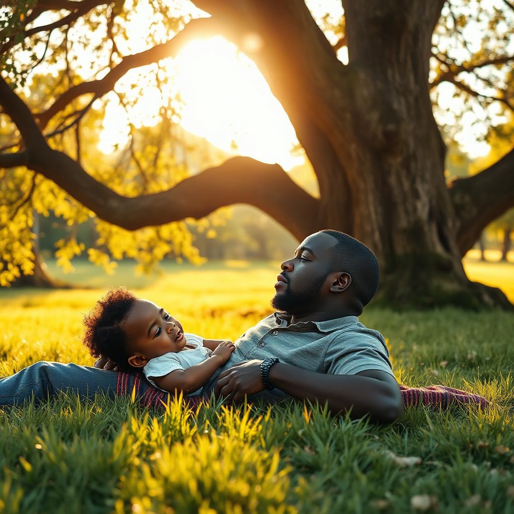 A Black father and child resting together outdoors.