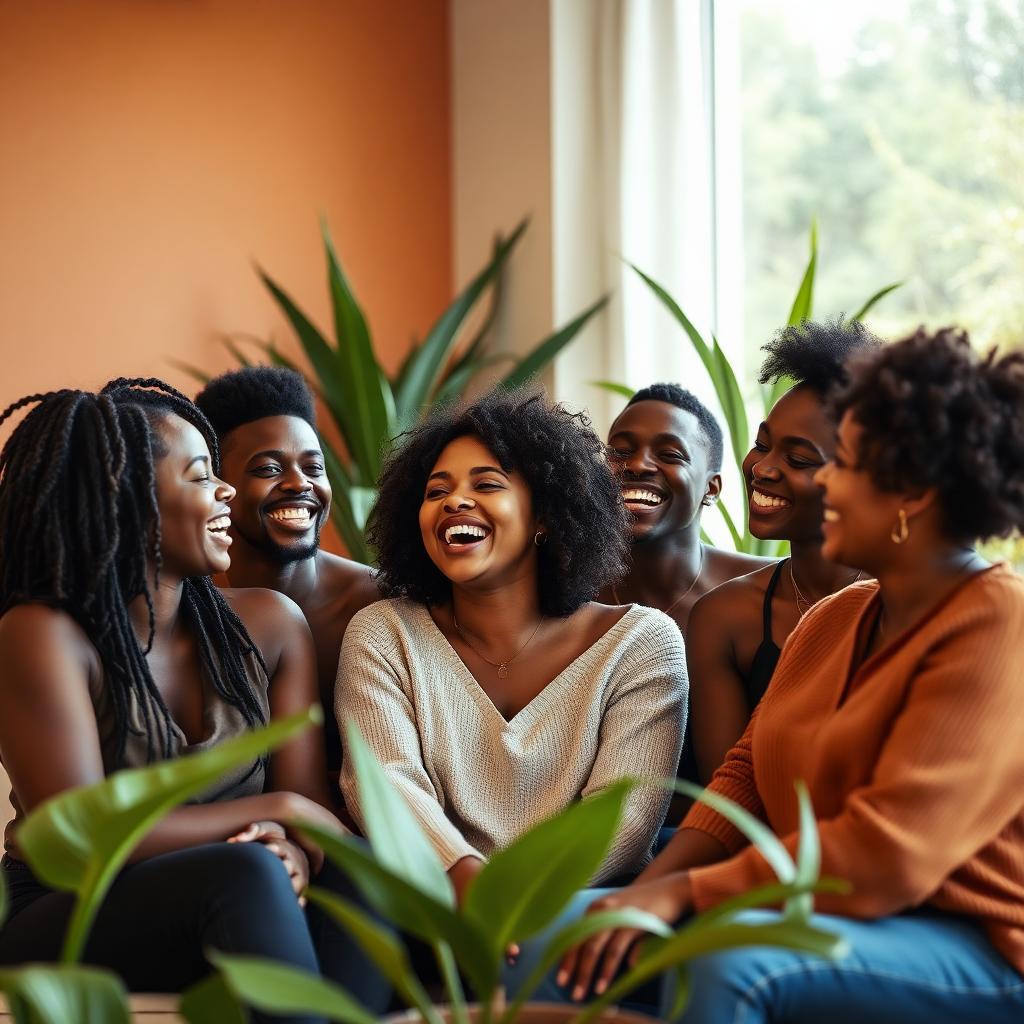 Black friends laughing warmly in a calm wellness lounge.