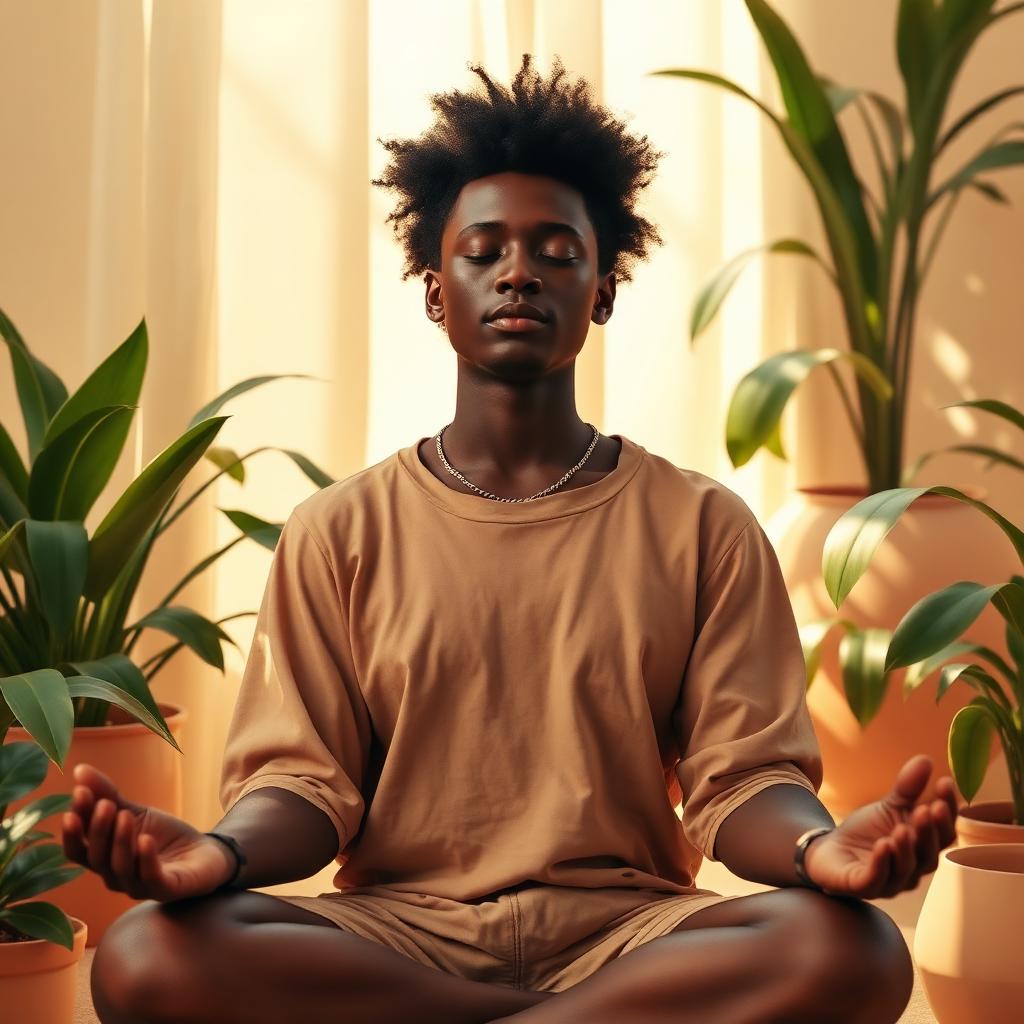 A Black person meditating peacefully surrounded by plants.